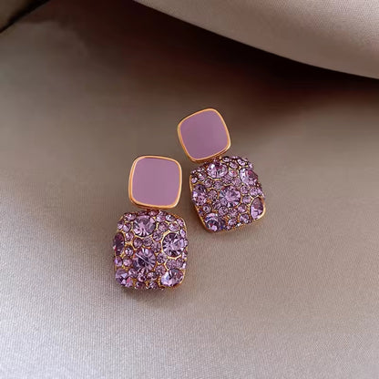 Purple Gold-plated square crystal stud earrings with 925 Sterling Silver needles, featuring dazzling crystals