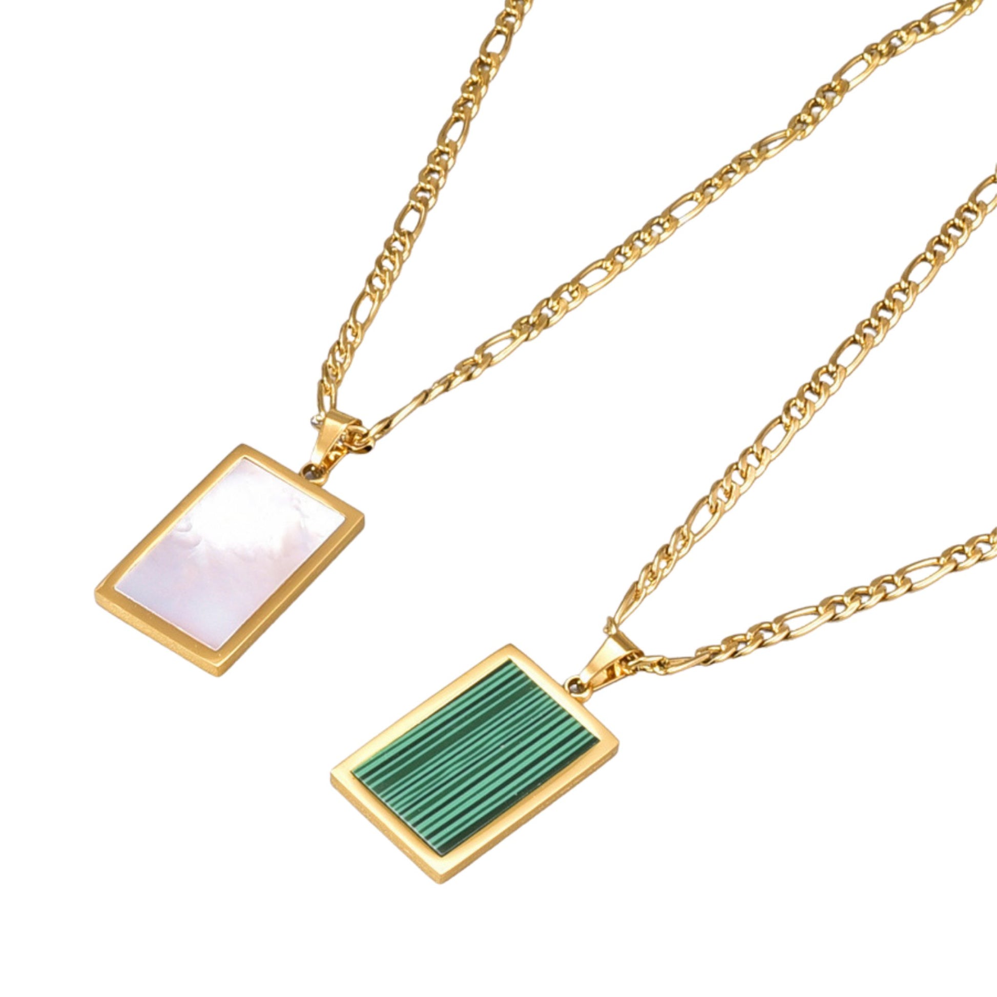 Side-by-side display of 18K gold-plated rectangular pendant necklaces featuring natural green malachite and white shell stone pendants on stainless steel chains.