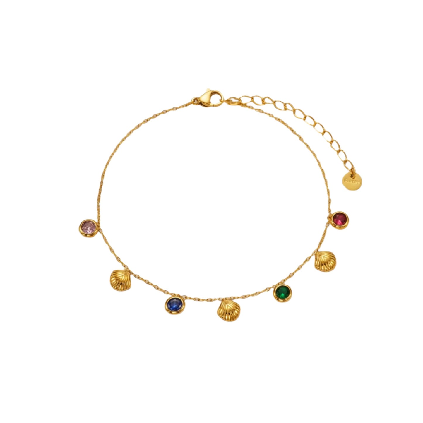 Vibrant 18K gold-plated anklet adorned with seashell charms and multicolored zircon stones, showcased elegantly on a clean white background.

