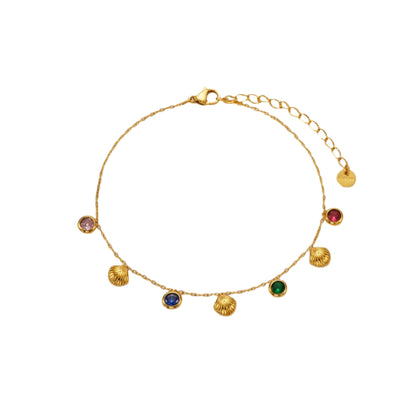 Vibrant 18K gold-plated anklet adorned with seashell charms and multicolored zircon stones, showcased elegantly on a clean white background.

