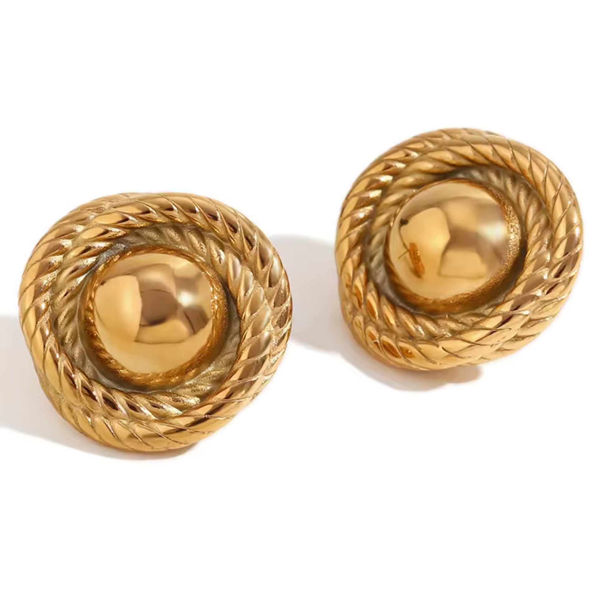 Close-up of a gold-plated twist hoop earring crafted from stainless steel, displayed on a white background.