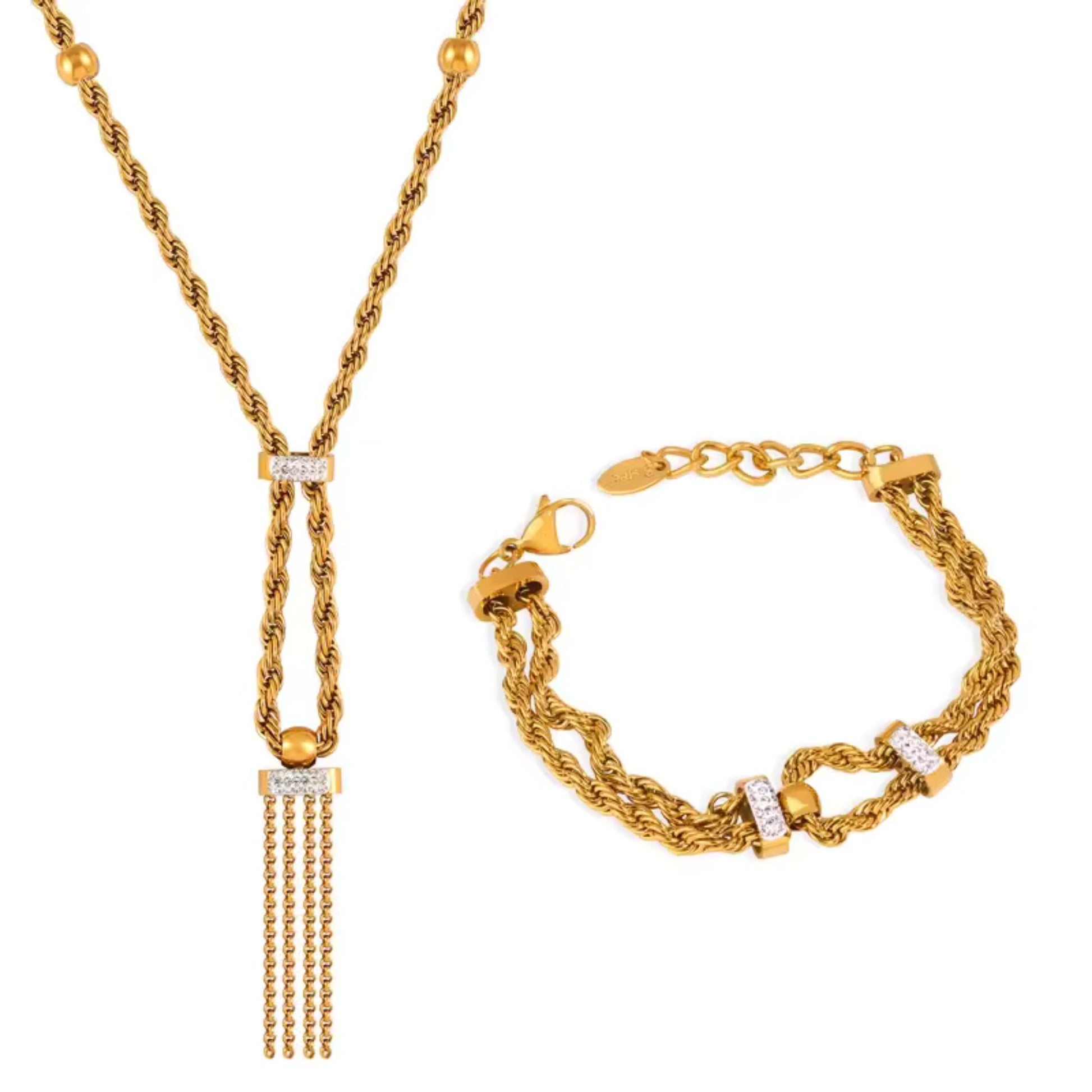 Gold-plated necklace and bracelet set with twist rope design and tassel drop, styled elegantly on a white background.