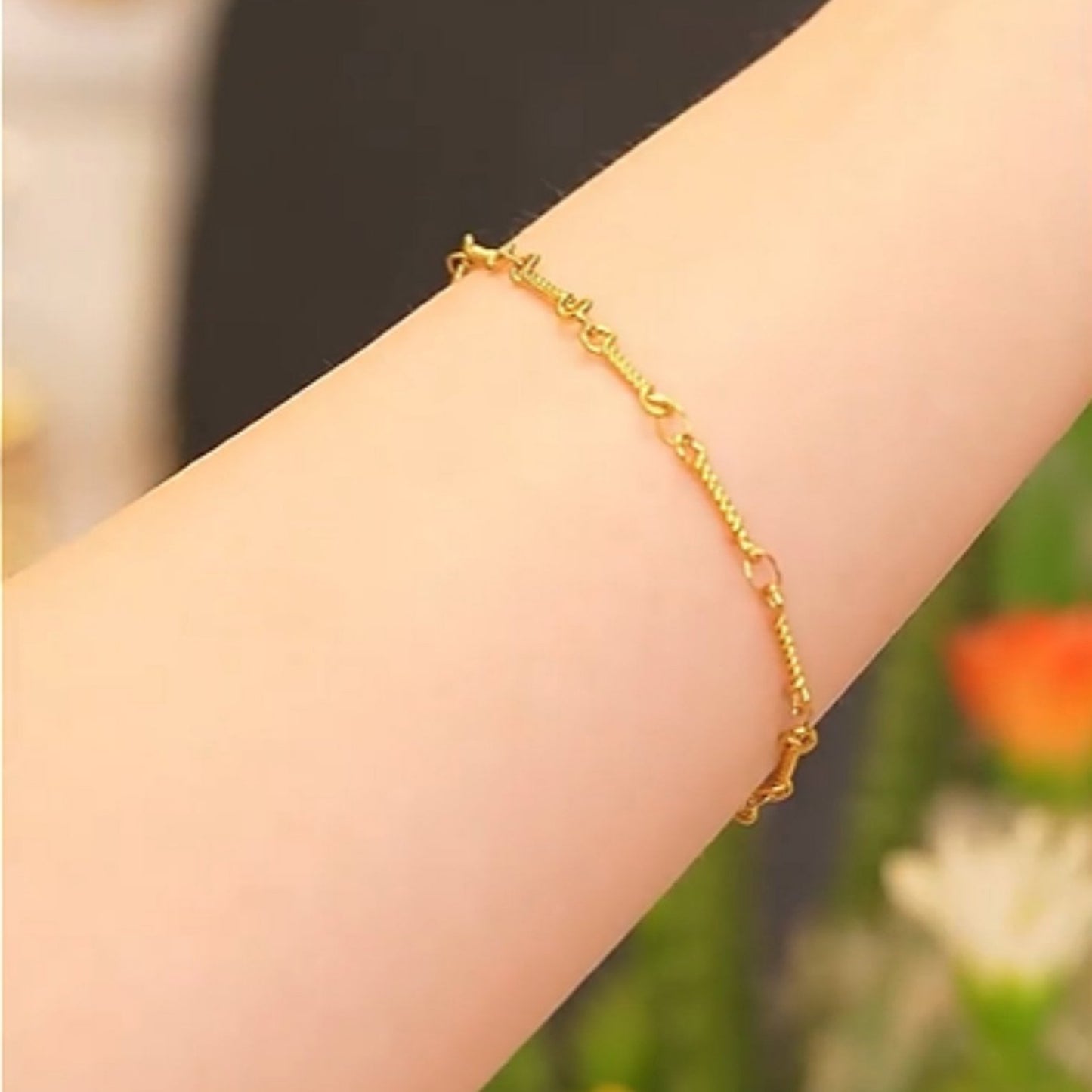 Model wearing the twisted link chain bracelet with a casual outfit, demonstrating its versatility and chic style.
