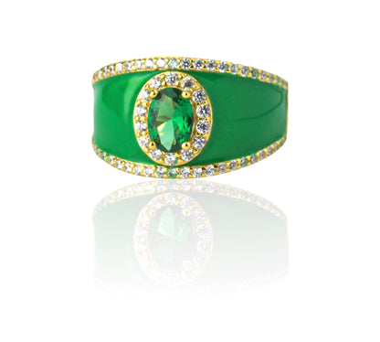 Close-up of the Emerald Enchantment Green Enamel Ring showcasing its 18K gold plating, green enamel band, and sparkling CZ stone.