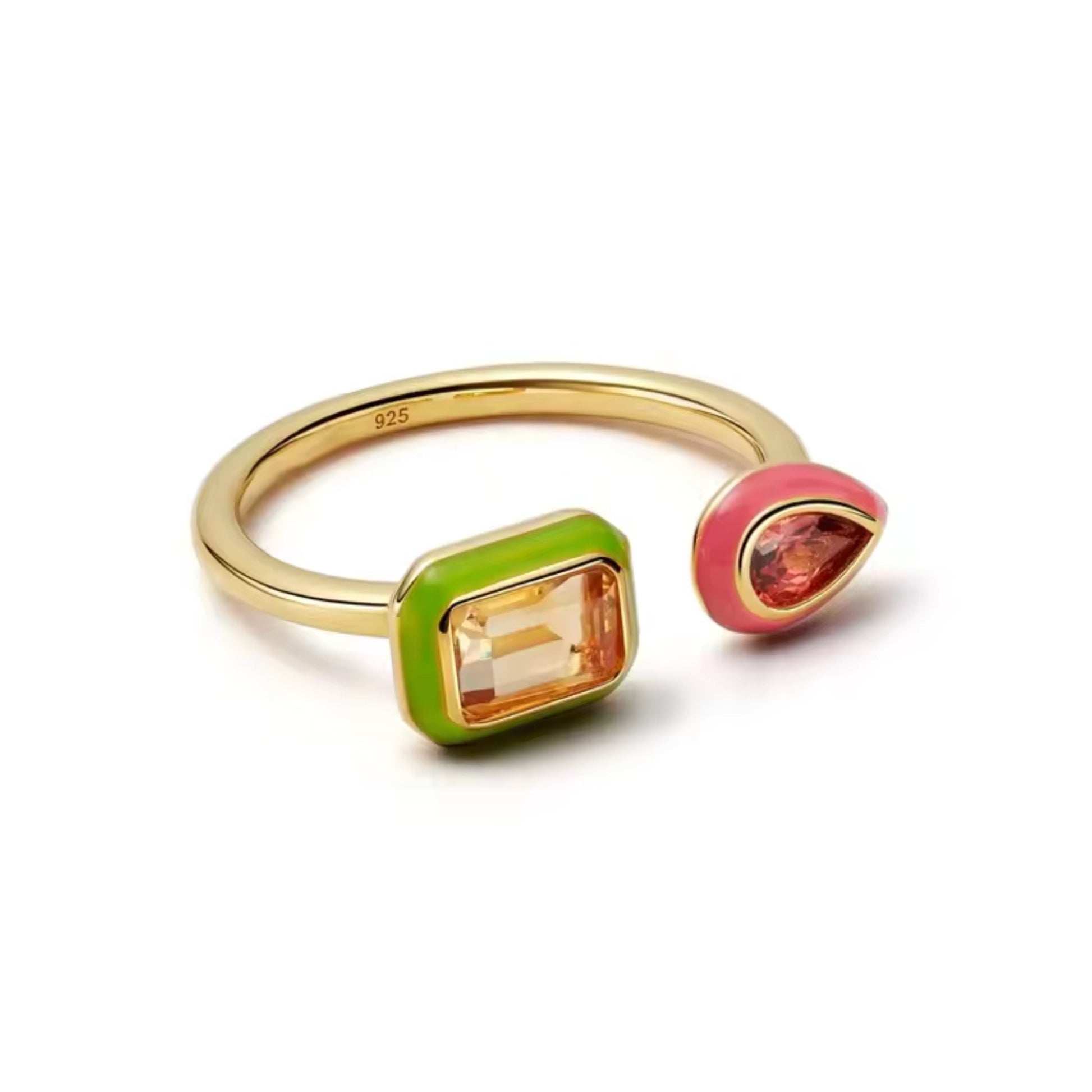 Enamel Duo Gemstone Ring in 925 sterling silver with 18K gold plating, featuring vibrant cubic zirconia stones encased in colorful enamel settings.