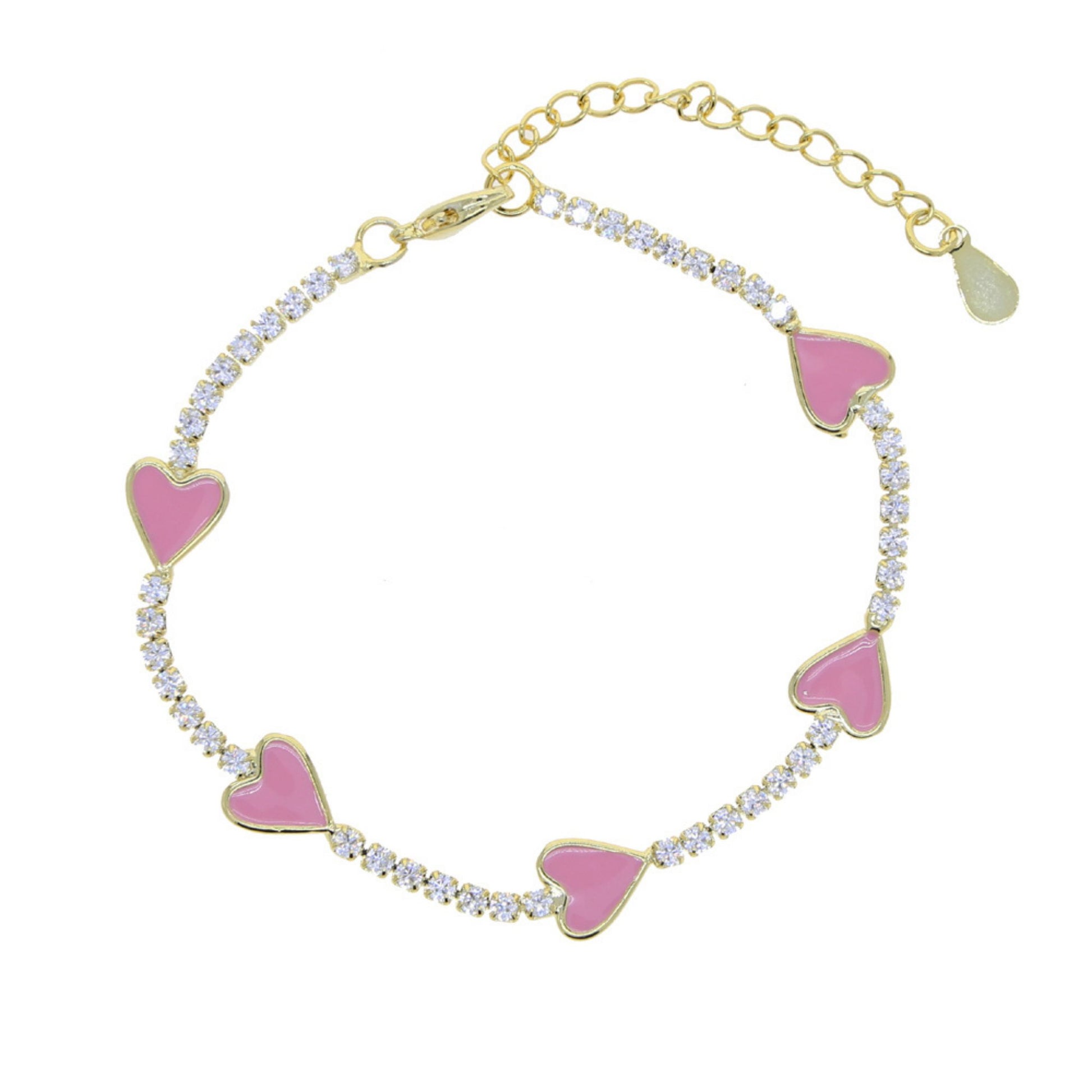 Enamel Heart Gold Plated Bracelet with pink enamel hearts and sparkling CZ stones, adjustable with a 4 cm extender for a perfect fit.