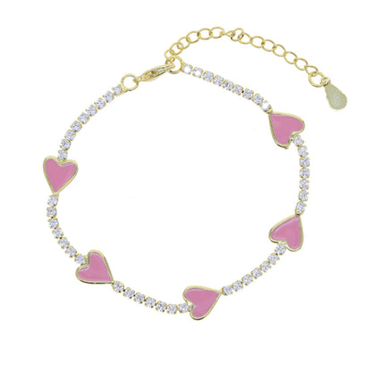 Enamel Heart Gold Plated Bracelet with pink enamel hearts and sparkling CZ stones, adjustable with a 4 cm extender for a perfect fit.