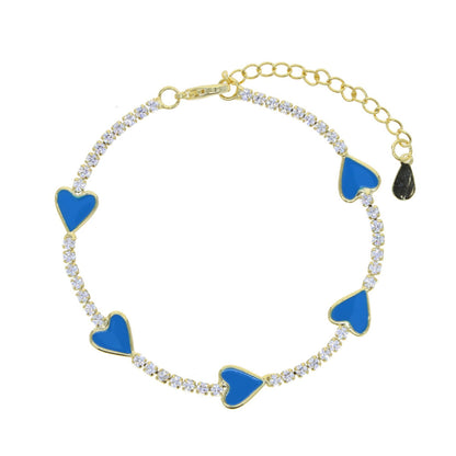 Enamel Heart Gold Plated Bracelet with blue enamel hearts and sparkling CZ stones, adjustable with a 4 cm extender for a perfect fit.