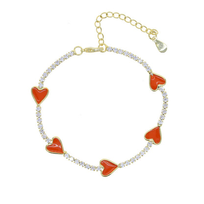 Enamel Heart Gold Plated Bracelet with orange enamel hearts and sparkling CZ stones, adjustable with a 4 cm extender for a perfect fit.
