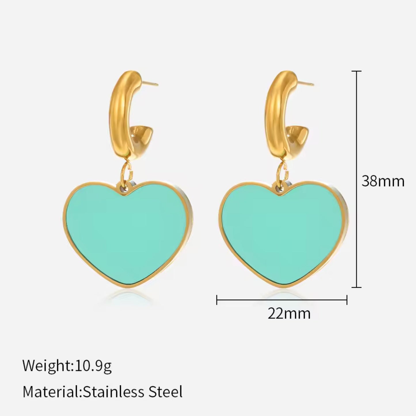 Detailed view of Enamel Heart Hoop Earrings, showcasing gold-tone hoops with vibrant Light Green enamel heart pendants.
