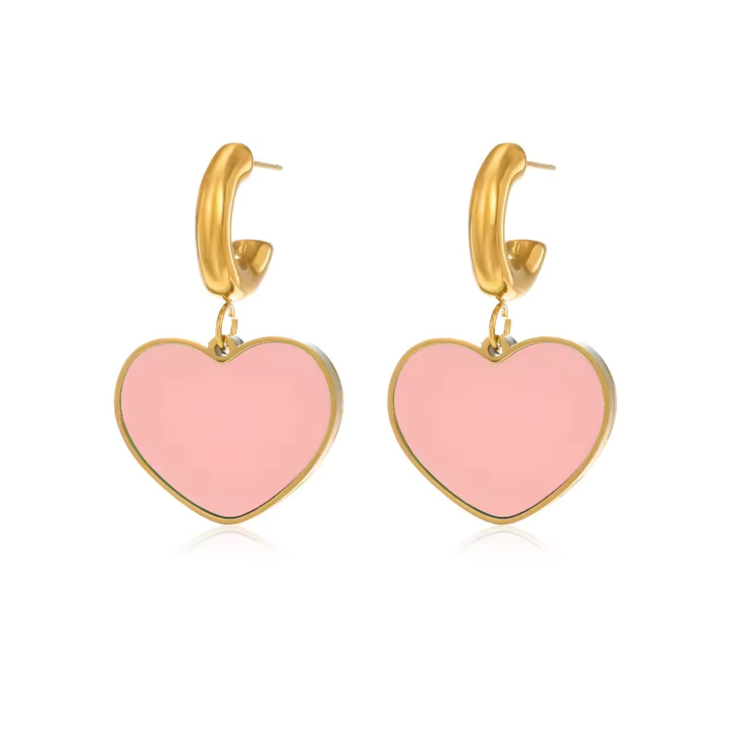 Enamel Heart Hoop Earrings in Baby Pink, featuring stainless steel hoops with enamel heart pendants, 38mm length.