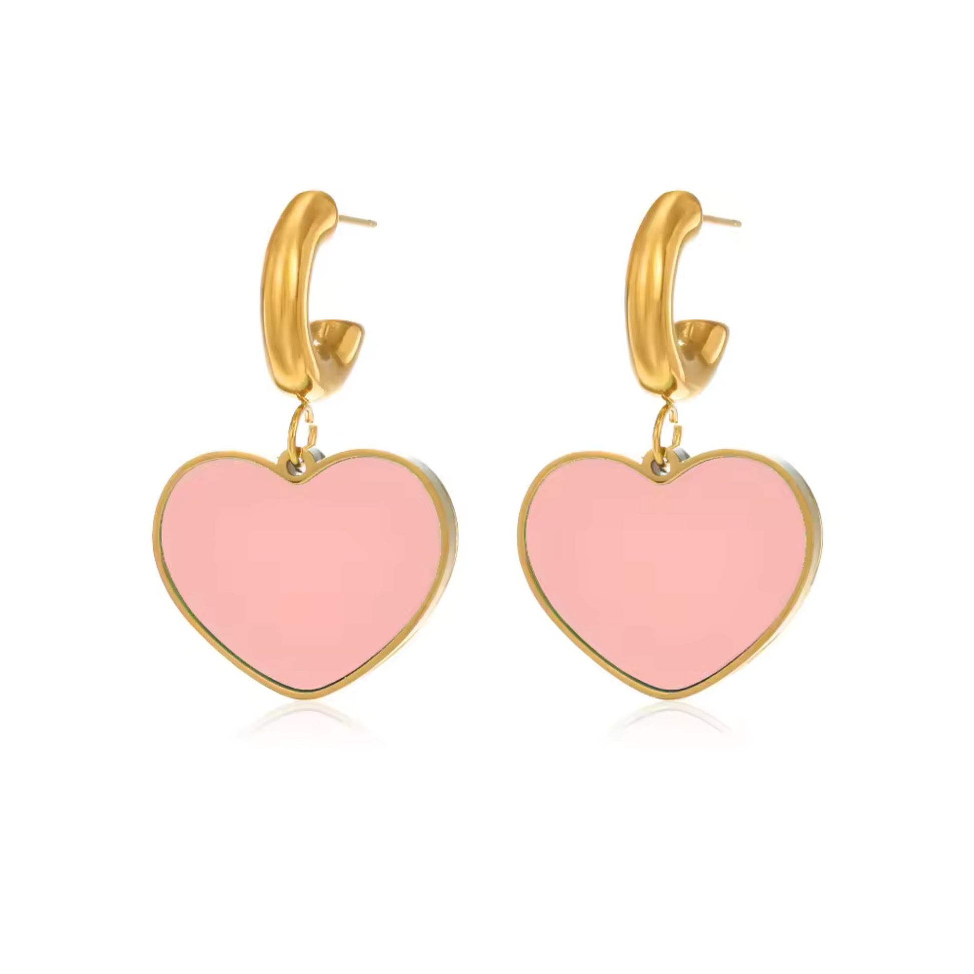 Enamel Heart Hoop Earrings in Baby Pink, featuring stainless steel hoops with enamel heart pendants, 38mm length.