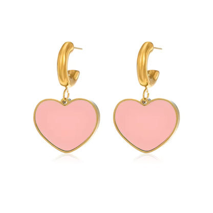 Enamel Heart Hoop Earrings in Baby Pink, featuring stainless steel hoops with enamel heart pendants, 38mm length.
