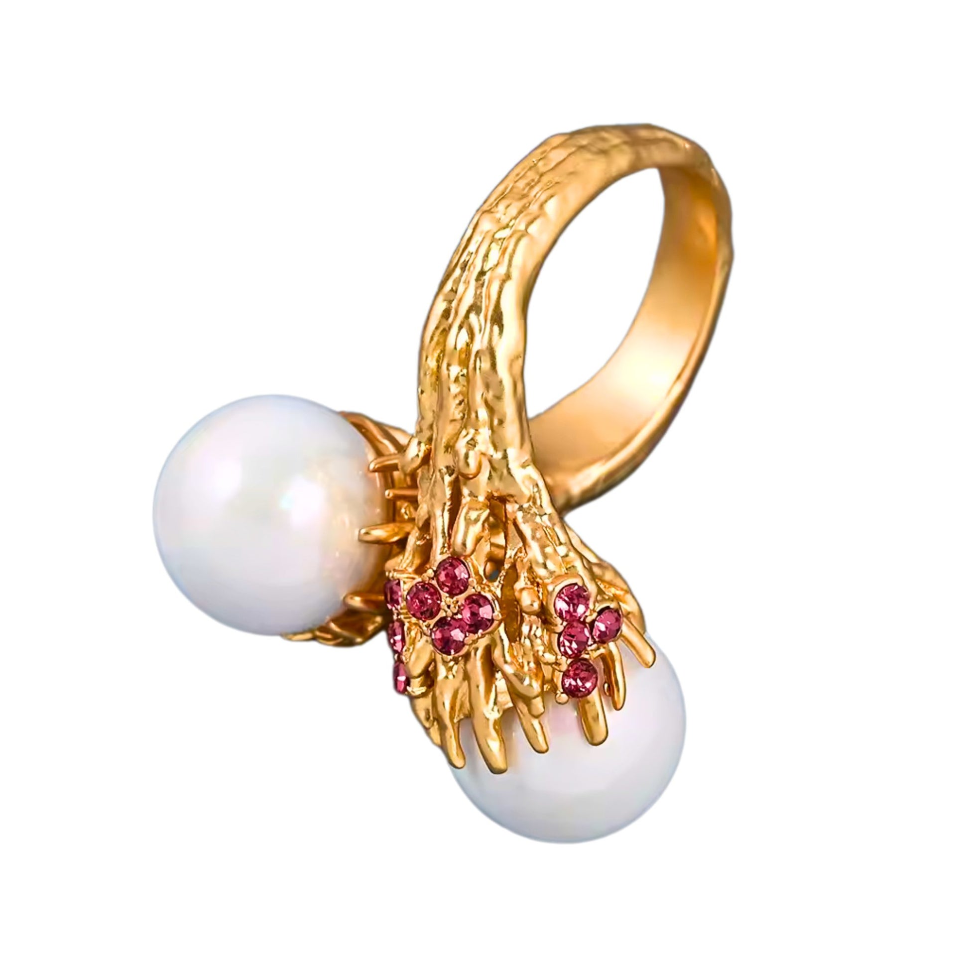 Enchanted Pearl Branch Ring with gold-plated branch design, featuring two luminous pearls and sparkling gemstones, adjustable for a perfect fit.