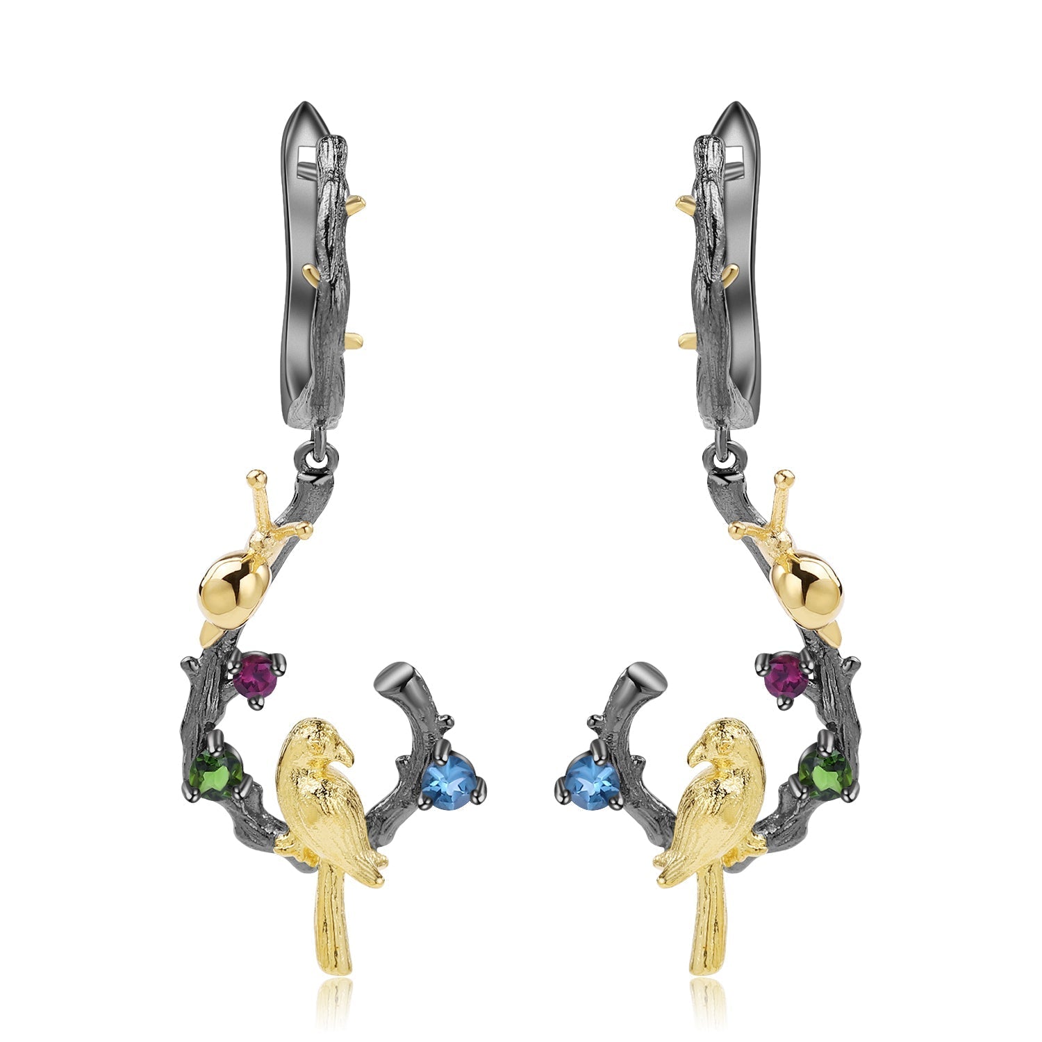 Swiss Blue Topaz Bird & Snail Earrings crafted from 925 Sterling Silver with gold plating, featuring topaz, amethyst, and peridot stones in a nature-inspired design.