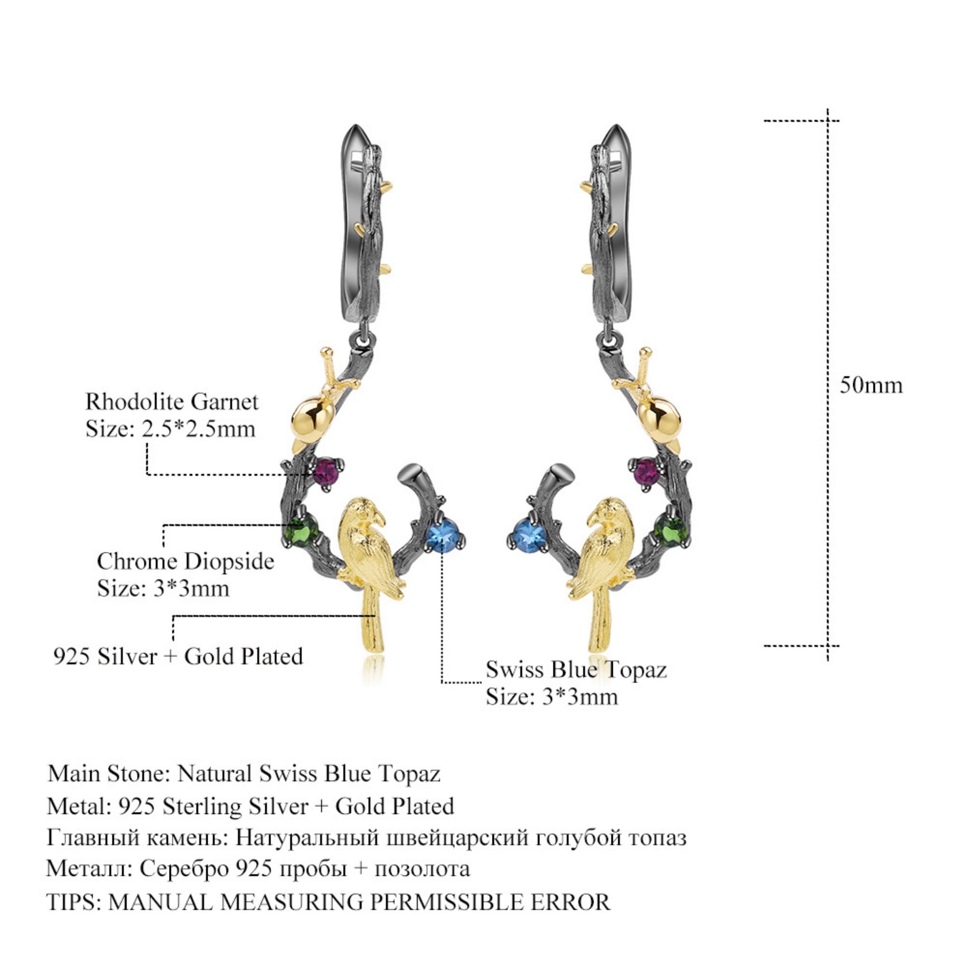Details of the Enchanted Swiss Blue Topaz Bird and Snail Earrings
