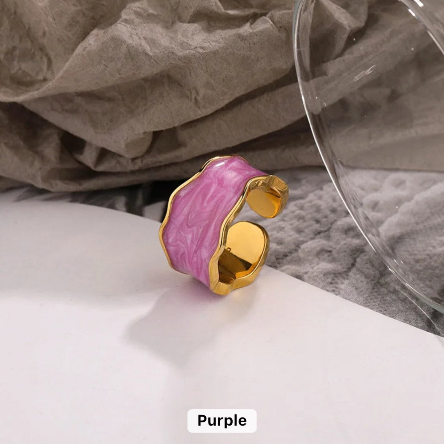 Enchanted Wave Adjustable Ring in 18K gold-plated 925 Sterling Silver with luxurious Purple enamel paint and a wave-shaped design.