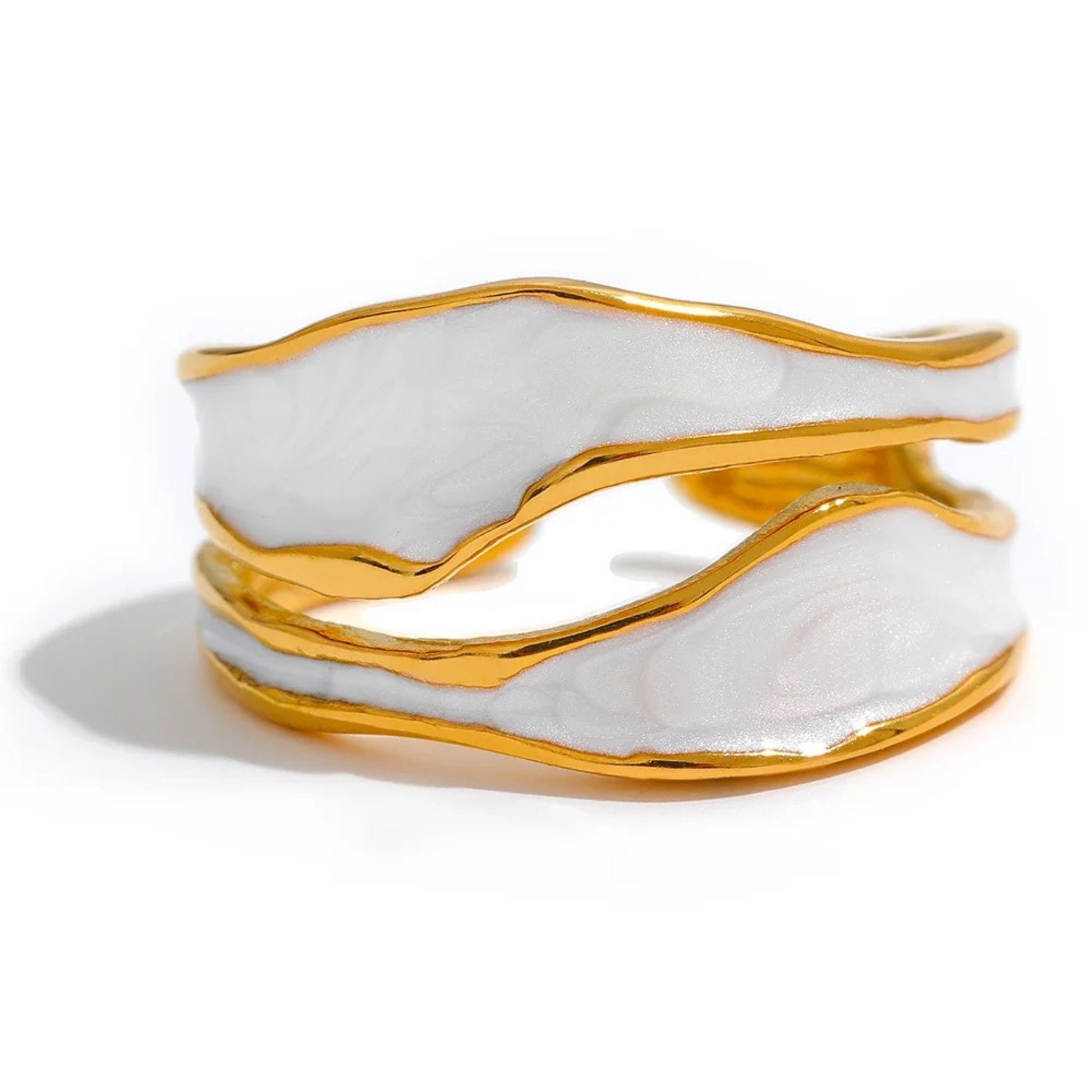 Enchanted Waves Open Ring with irregular wave design, 18K gold plating, and white enamel finish, crafted in premium 316 stainless steel.