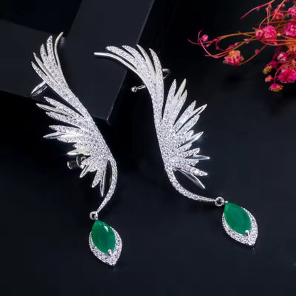 Enchanted Wings Feather Drop Earring with green zircon stones, featuring a detailed feather wing design and stud-cuff climber style.