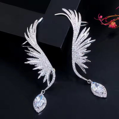 Enchanted Wings Feather Drop Earring with white zircon stones, featuring a detailed feather wing design and stud-cuff climber style.