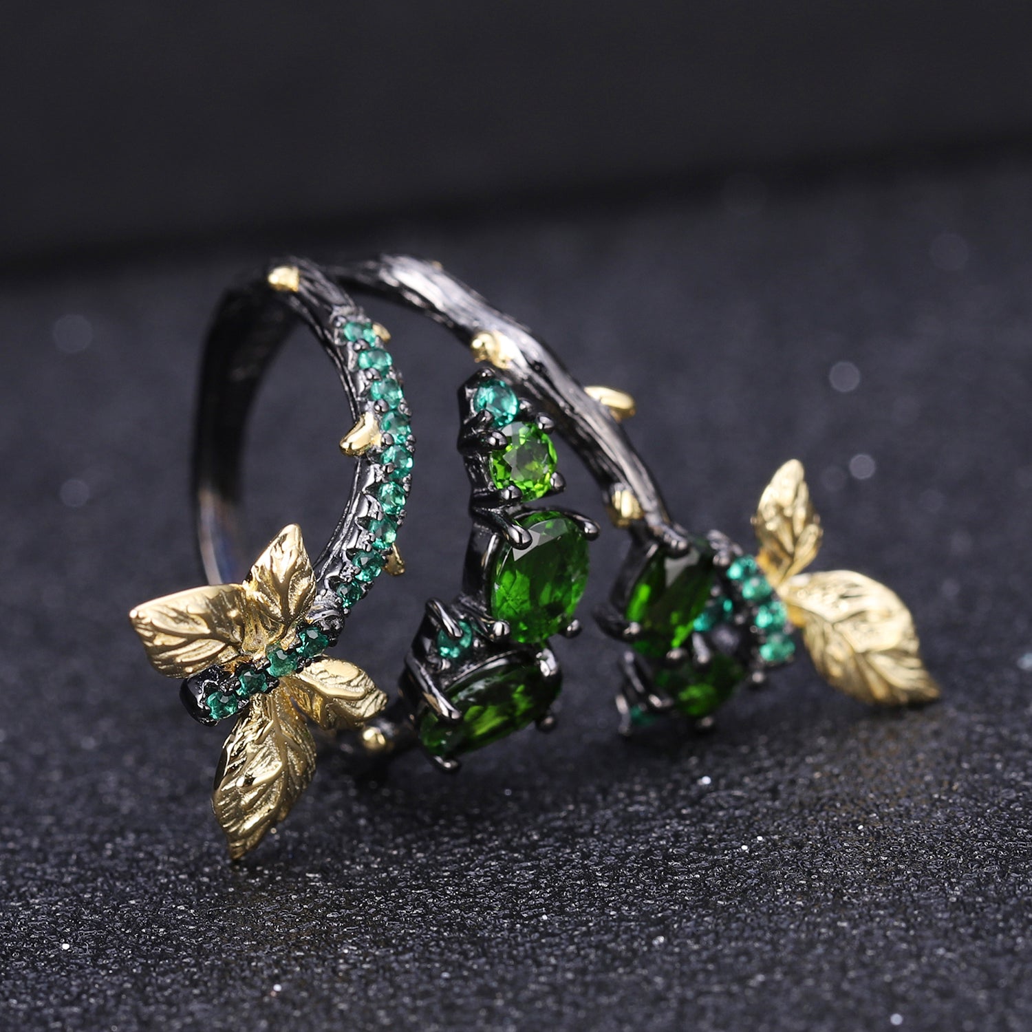 Enchanting Leaves 925 Sterling Silver Chrome Diopside Ring