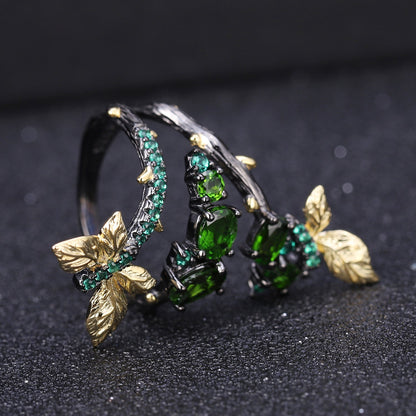 Enchanting Leaves 925 Sterling Silver Chrome Diopside Ring