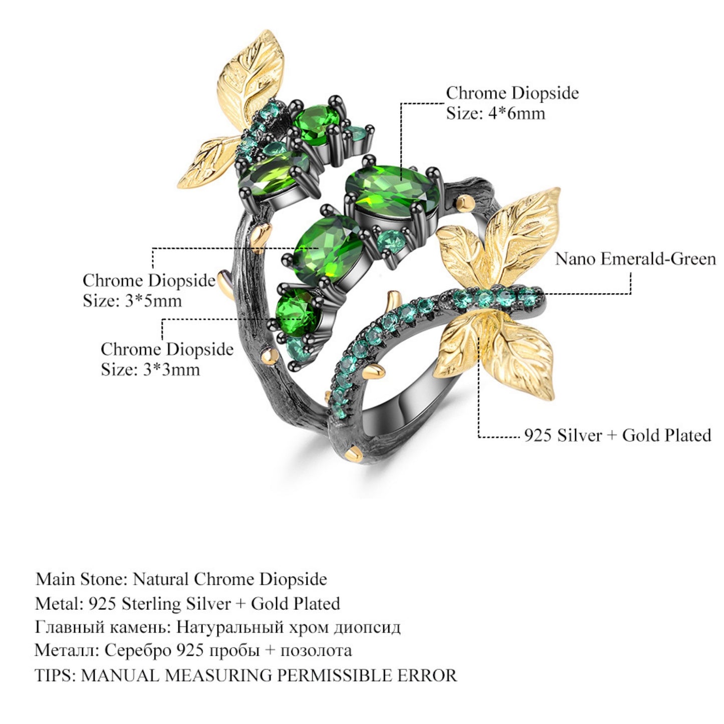 The Enchanting Leaves Ring with Chrome Diopside stones, symbolizing creativity and emotional balance, set against the modern aesthetic of black gun plating.