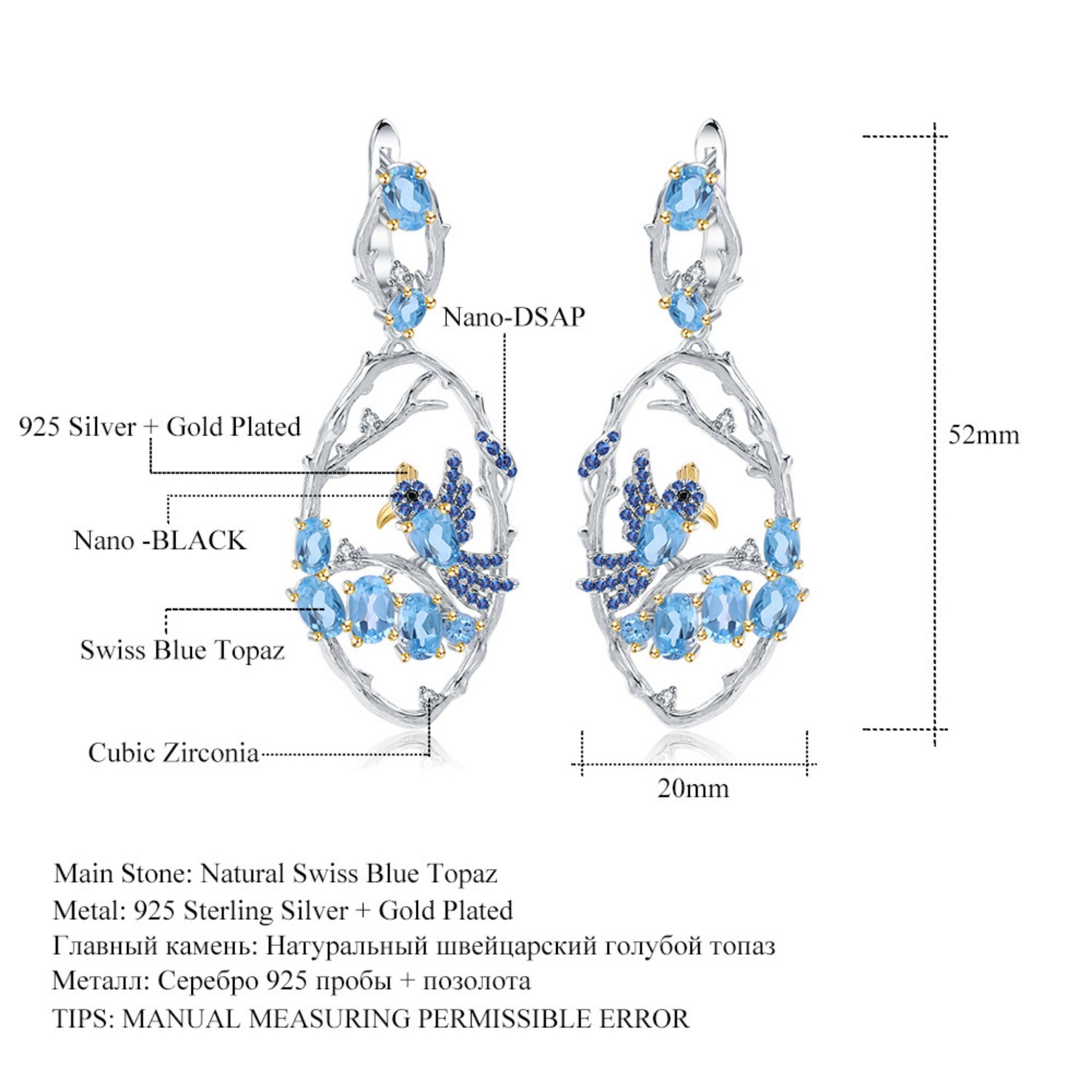 Close-up detail of the blue topaz stone and branch design of the Ethereal Earrings, highlighting their intricate Nano-DSAP and Nano-BLACK elements.