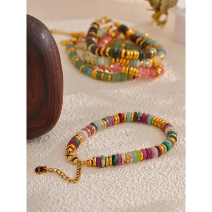 Close-up of the natural stone and gold-plated bead design of the Ethnic Style Bracelet, emphasizing its handmade craftsmanship.