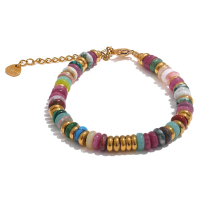 Close-up of the Ethnic Style Natural Stone 18K Gold-Plated Beaded Bracelet, showcasing colorful natural stones and gold-plated beads on a white background.