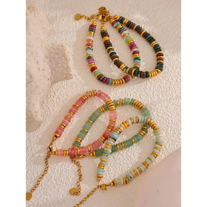 Close-up of the natural stone and gold-plated bead design of the Ethnic Style Bracelet, emphasizing its handmade craftsmanship.