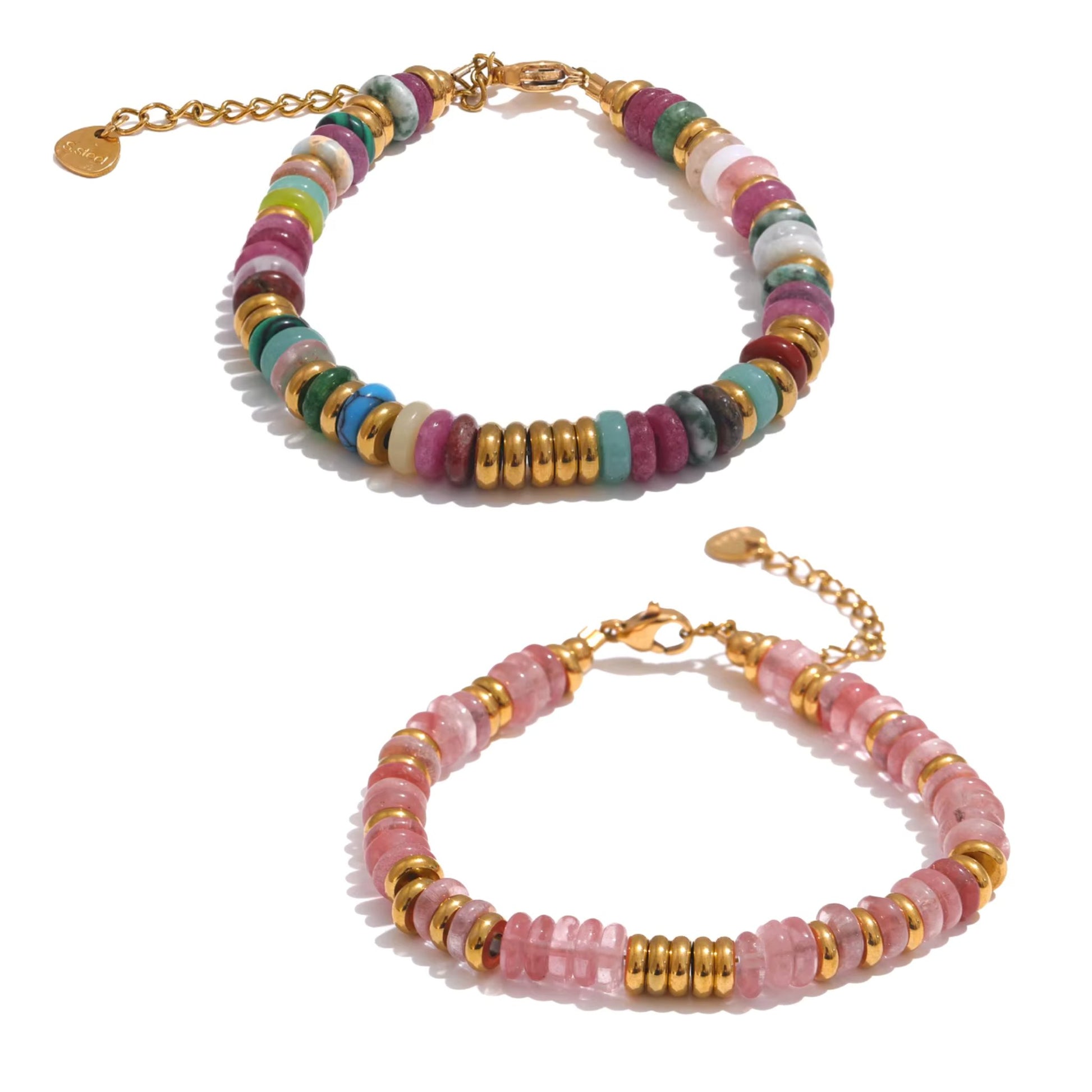 Flat lay of the Ethnic Style Bracelet in Colorful and Pink variants, highlighting their vibrant natural stones and gold accents.