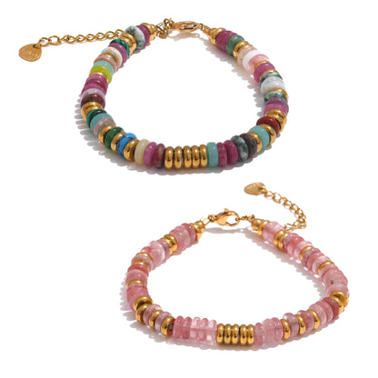 Flat lay of the Ethnic Style Bracelet in Colorful and Pink variants, highlighting their vibrant natural stones and gold accents.