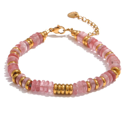 Close-up of the Ethnic Style Natural Stone 18K Gold-Plated Beaded Bracelet, showcasing colorful natural stones and gold-plated beads on a white background.