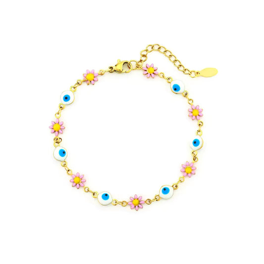 Floral Evil Eye Waterproof Charm Anklet displayed flat, highlighting its vibrant charms and adjustable design.