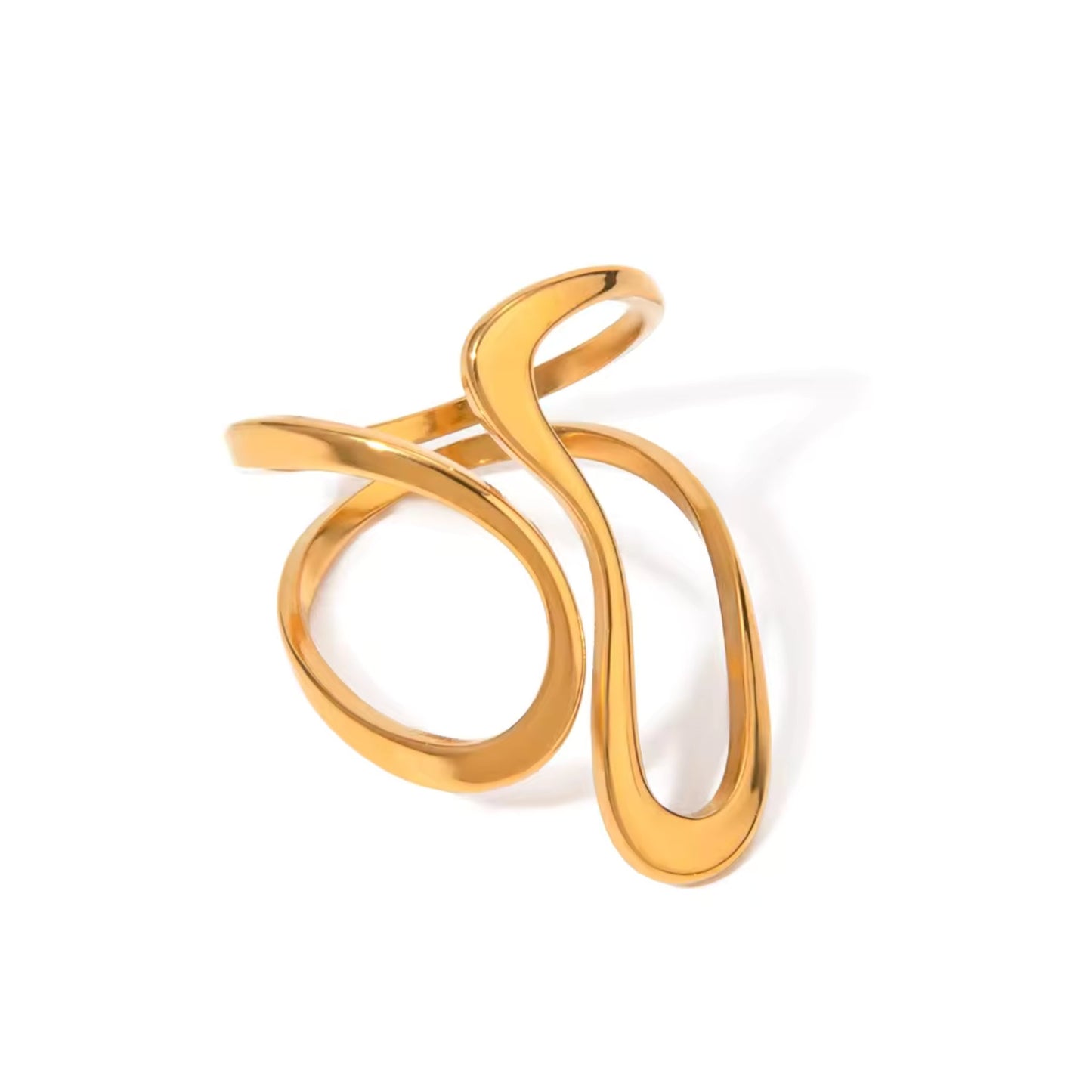 Close-up of the Flowing Elegance Double Layer Curve Ring, showcasing its sleek double-layered open curve design and luxurious 18K gold-plated finish.
