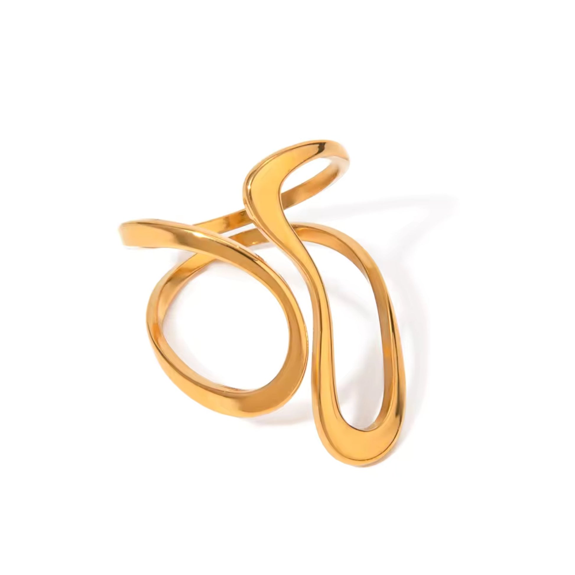Close-up of the Flowing Elegance Double Layer Curve Ring, showcasing its sleek double-layered open curve design and luxurious 18K gold-plated finish.