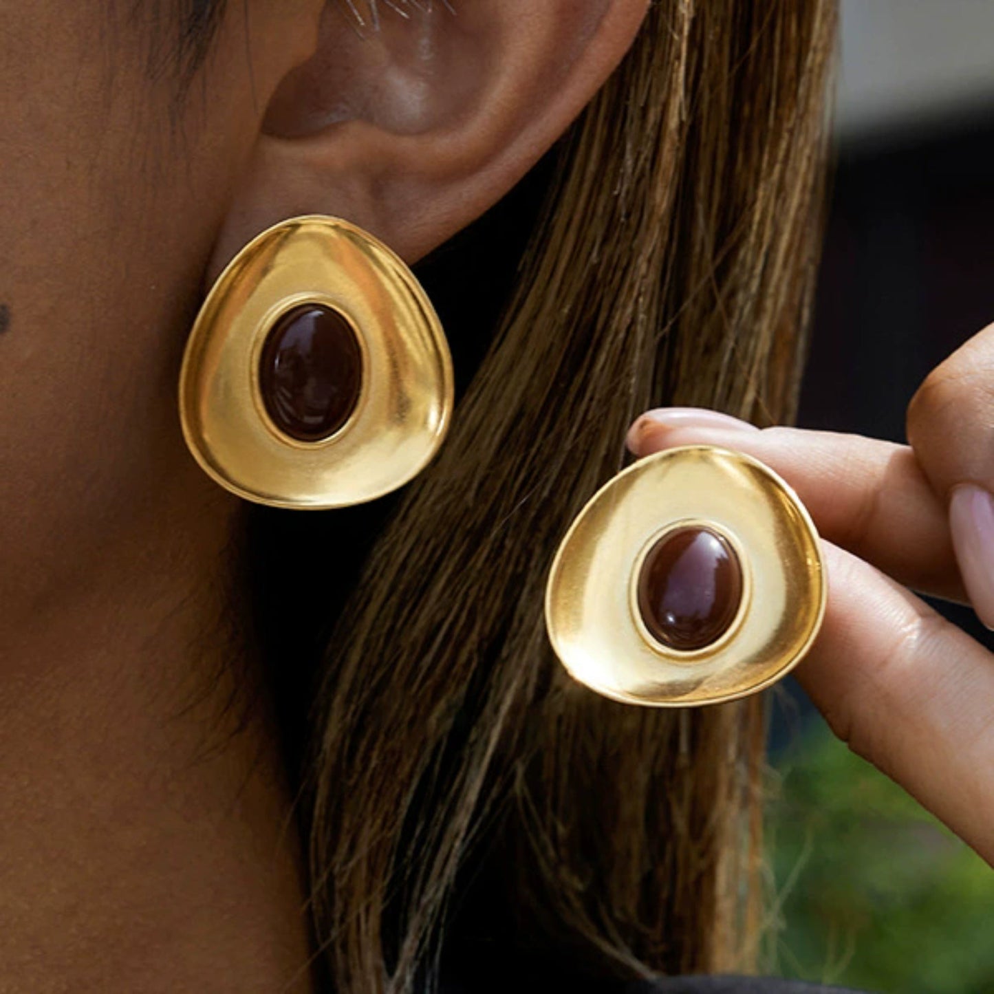 Gold Oval Statement Stud Earrings – 18K Gold Plated