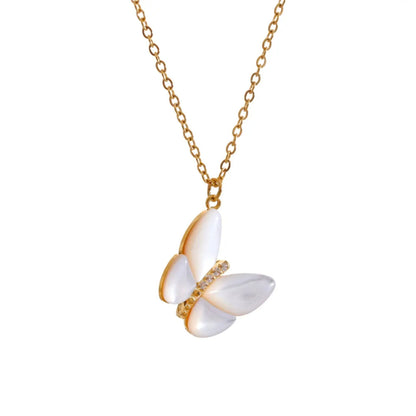 Gold-Plated Butterfly Necklace with Natural Shell and Zircon on White Background