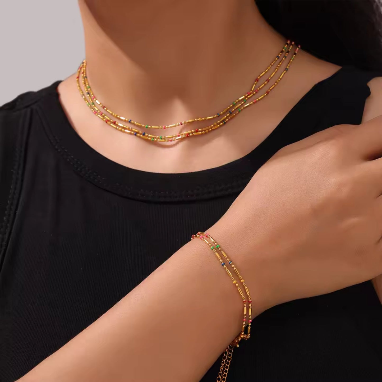 Golden Beaded Elegance 18K Gold Plated Set - Necklace, Bracelet, and Anklet
