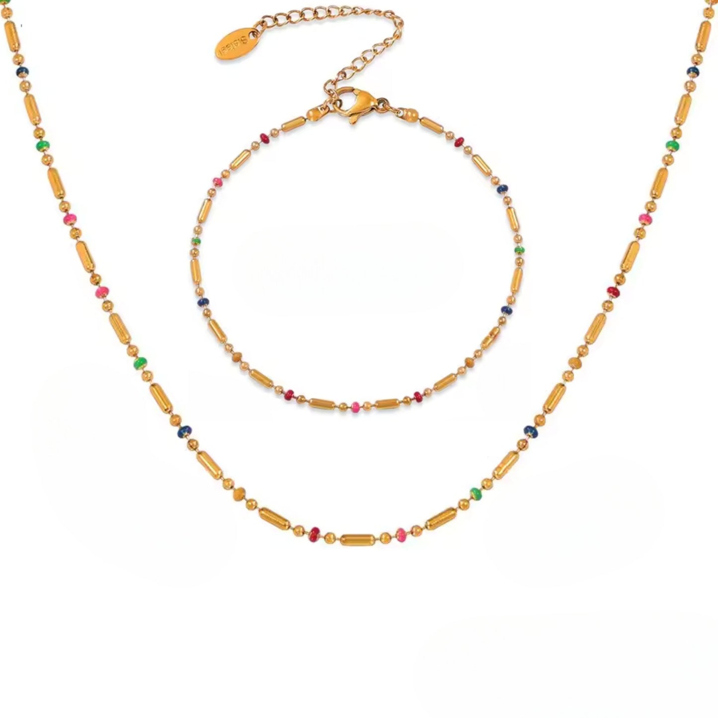 Golden Beaded Elegance 18K Gold Plated Set - Necklace, Bracelet, and Anklet