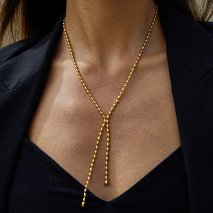 Golden Beaded Y-Necklace – 18K Gold Stainless Steel