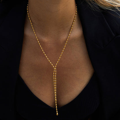 Golden Beaded Y-Necklace – 18K Gold Stainless Steel