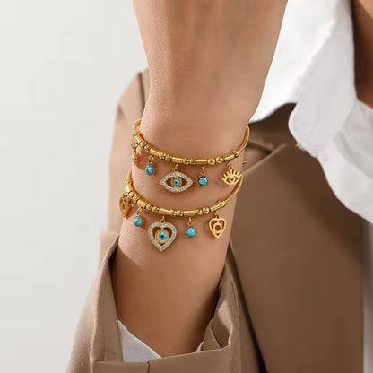 Golden Heart & Evil Eye Charm 18K Gold Plated Bracelet