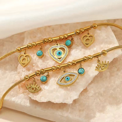 Golden Heart & Evil Eye Charm 18K Gold Plated Bracelet