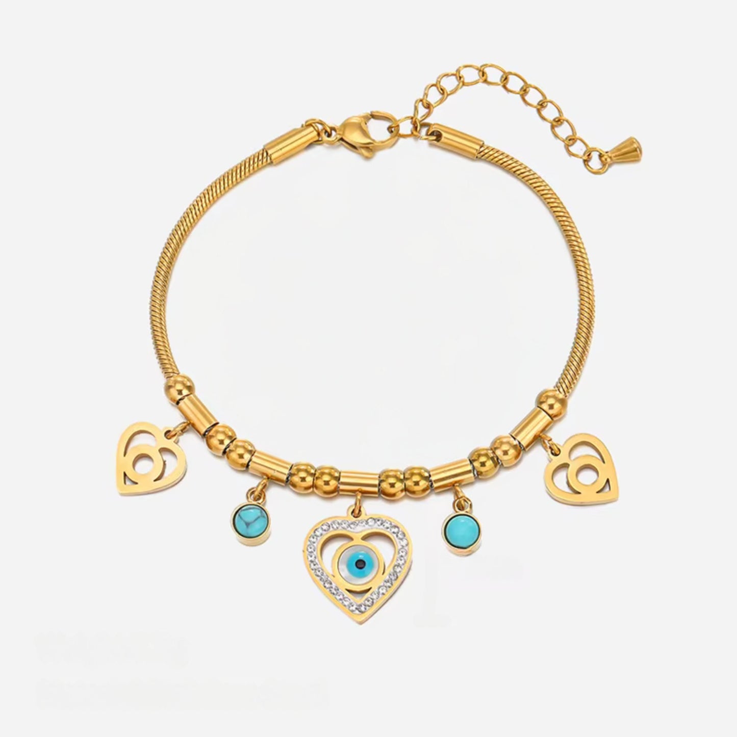 Golden Heart & Evil Eye Charm 18K Gold Plated Bracelet