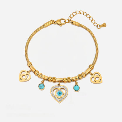 Golden Heart & Evil Eye Charm 18K Gold Plated Bracelet