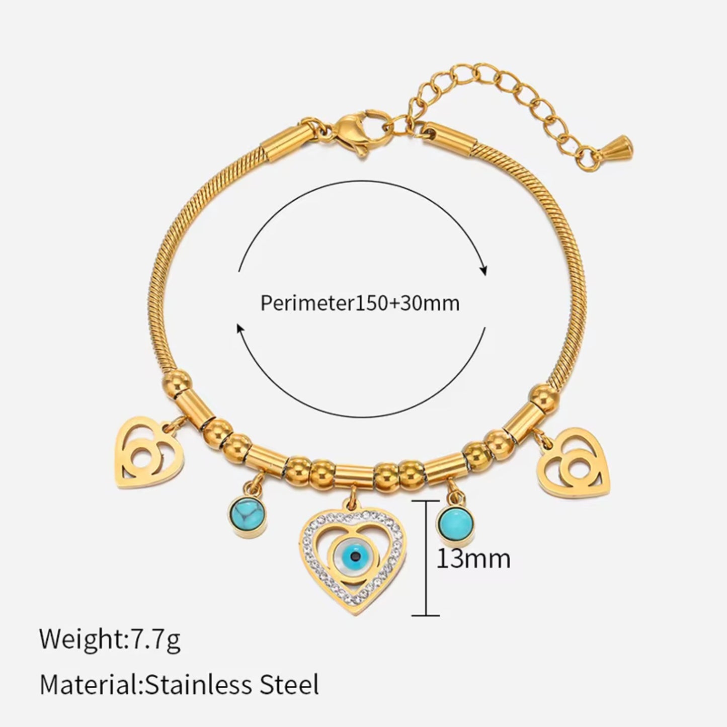 Golden Heart & Evil Eye Charm 18K Gold Plated Bracelet