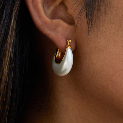 Golden Pearl Drop Hoop Earrings – 18K Gold Plated