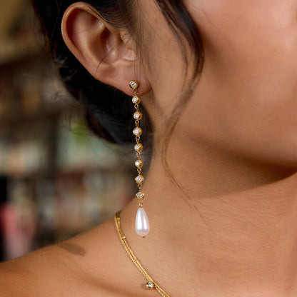 Graceful Pearl & Crystal Drop Gold Plated Earrings